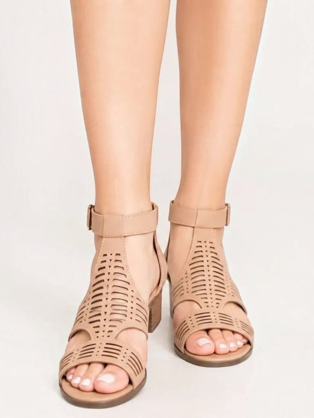 Top Moda Open Toe Blush Cutout Block Heel Strappy Sandals